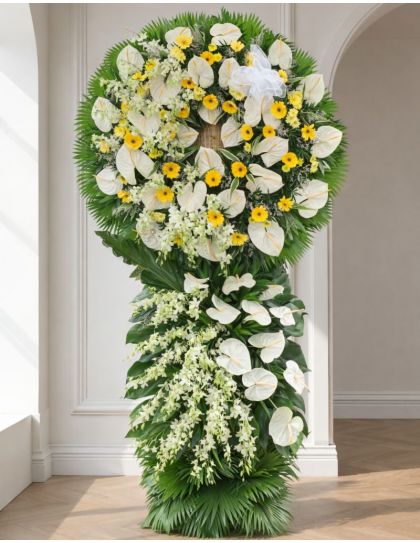 Flower Wreath 03 Funeral Flowers Philippines - White & Yellow Sympathy Wreath - Funeral Flower Delivery