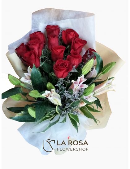 12 Ecuadorian Red with Stargazers - Roses Delivery by LaRosa Flower Shop Quezon City