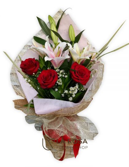 3 Ecuadorian Red with Stargazer - Roses Delivery by LaRosa Flower Shop Quezon City