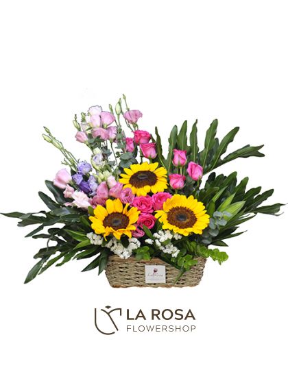 Pink and Purple Lisianthus - Flowers in a Basket Delivery by LaRosa Flower Shop Quezon City