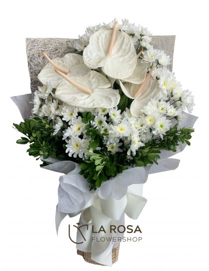 Funeral delivery Philippines-sympathy bouquet 4- white mums and anthuriums