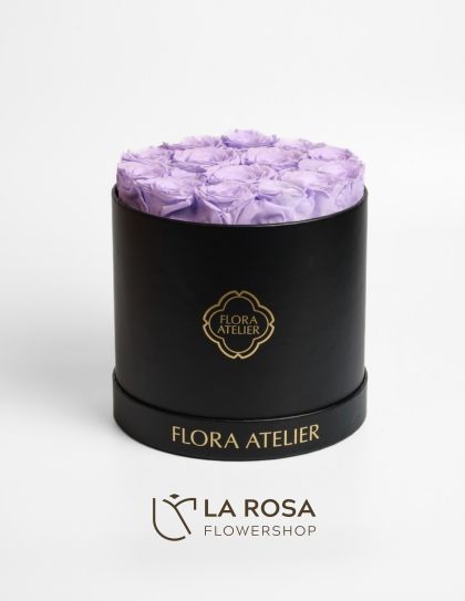 14 Preserved Light Purple Roses in Round Box (Black) - Preserved Flower Delivery by LaRosa Flower Shop Quezon City