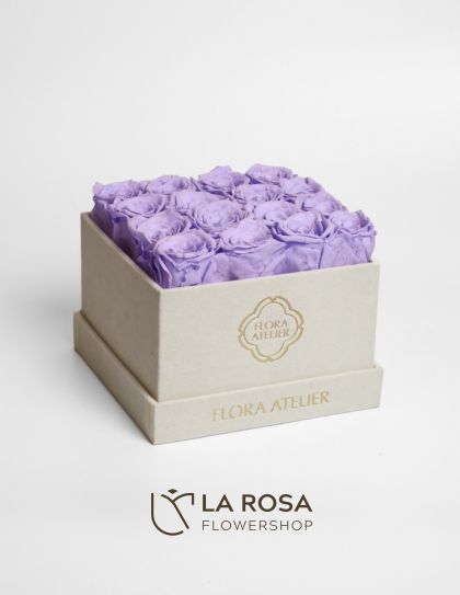 16 Preserved Light Purple Roses in Square Box (Cream Suede) - Preserved Flower Delivery by LaRosa Flower Shop Quezon City