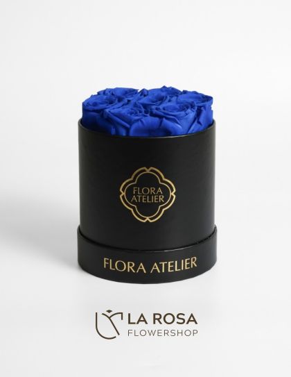 7 Preserved Klein Blue Roses in Round Box (Black) - Preserved Flower Delivery by LaRosa Flower Shop Quezon City