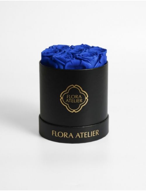 7 Preserved Klein Blue Roses in Round Box (Black) 7 Preserved Klein Blue Roses in Round Box (Black)