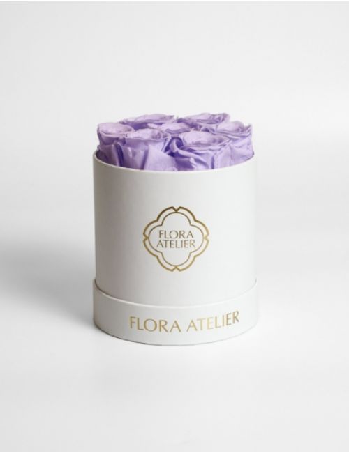 7 Preserved Light Purple Roses in Round Box (White) by La Rosa Flower Shop