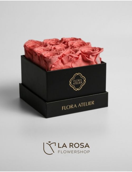 Flora Atelier 9 Preserved Deep Peach Roses in Square Box (Black) delivery by La Rosa Flower Shop