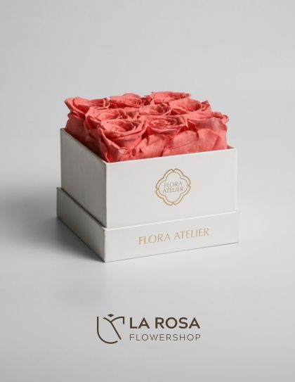 9 Preserved Deep Peach Roses in Square Box (White) - Preserved Flowers Philippines | Flower Box Delivery