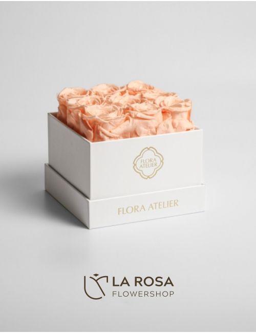  9 Preserved Red Champagne Roses in Square box White by La Rosa Flower Shop anniversary surprise