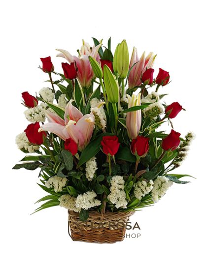 Roses with Stargazers Basket - Flowers in a Basket Delivery by LaRosa Flower Shop Quezon City