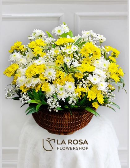 White & Yellow Mums Basket Flowers Delivery Philippines | La Rosa Flower Shop