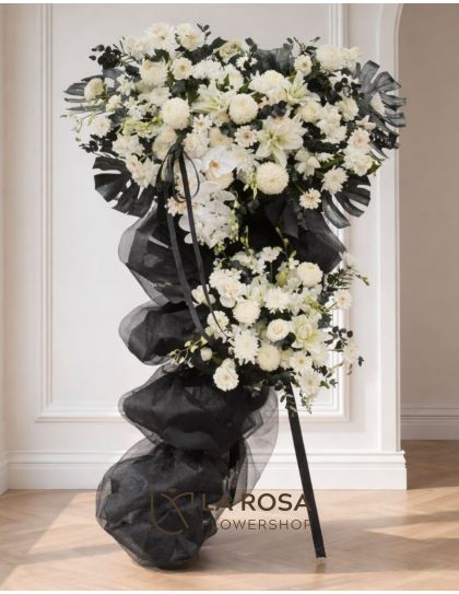 Onyx Bloom Funeral Flowers Philippines - White & Black Sympathy Stand - Funeral Flower Delivery