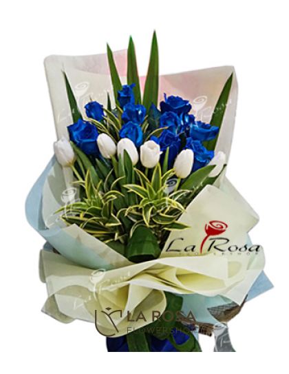 Blue Roses and White Tulips - Father's Day Flower Delivery by LaRosa Flower Shop Quezon City