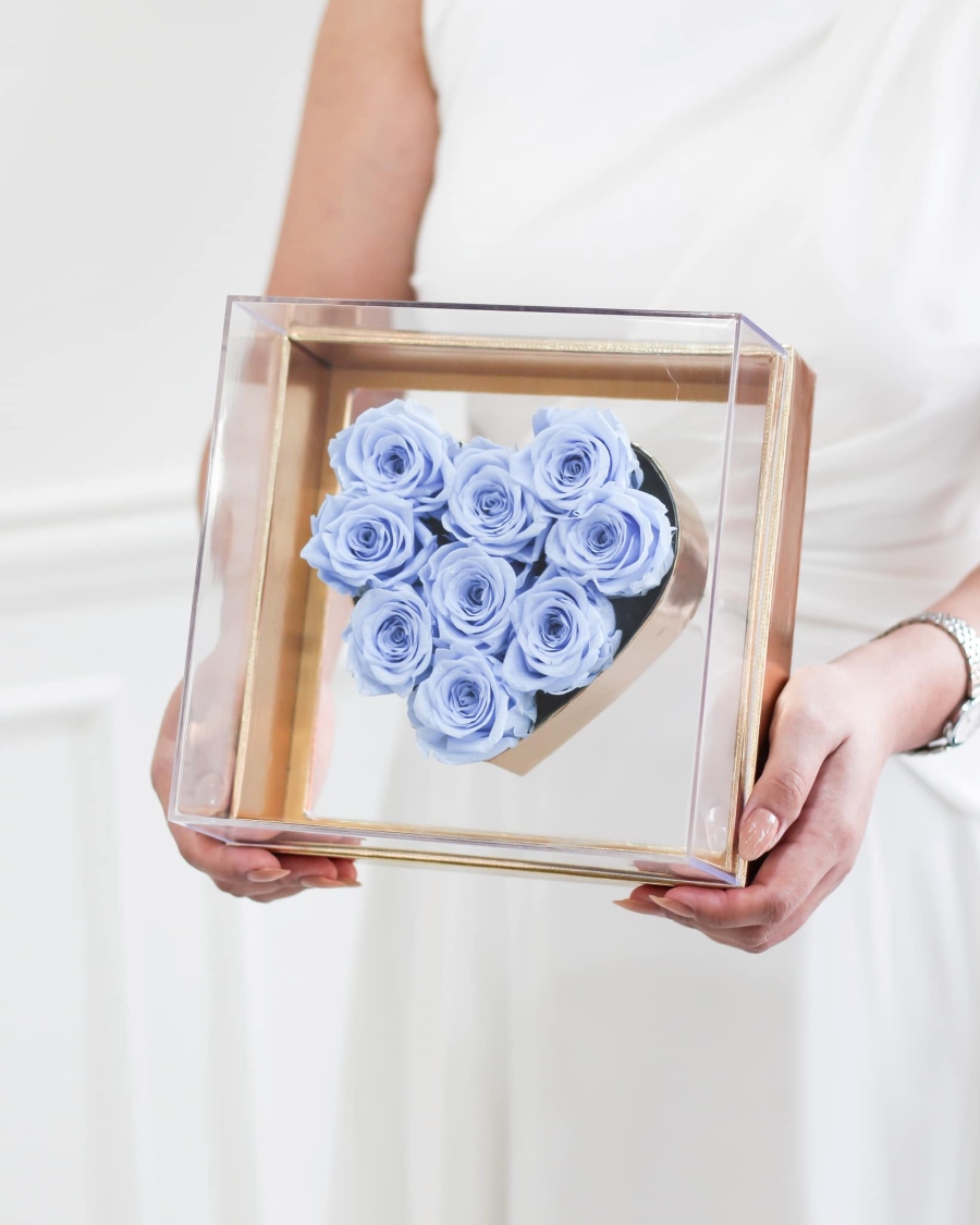Nine Preserved Sky Blue Roses by La Rosa Flower Shop
